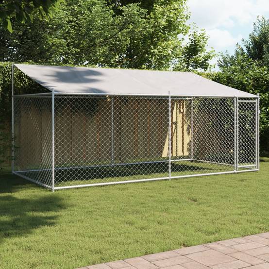 Cage pour chien - Cage extérieur/intérieur avec toit et porte gris 4x2x2 m acier galvanisé - Image 2