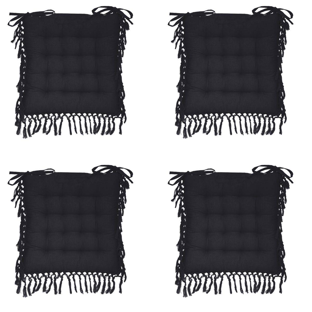 Lot de 4 Galettes de chaise en Coton Gris ardoise avec franges macramé 40 x 40 cm - Image 1