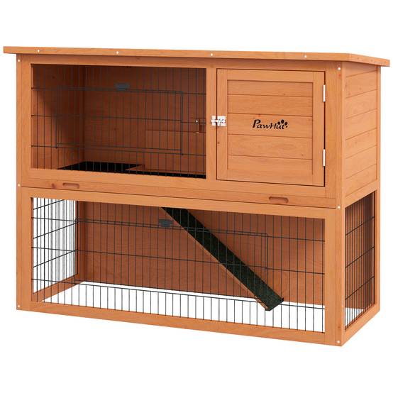 Clapier antiseptique à deux niveaux en bois avec enclos extérieur, 92 cm, orange - Image 2