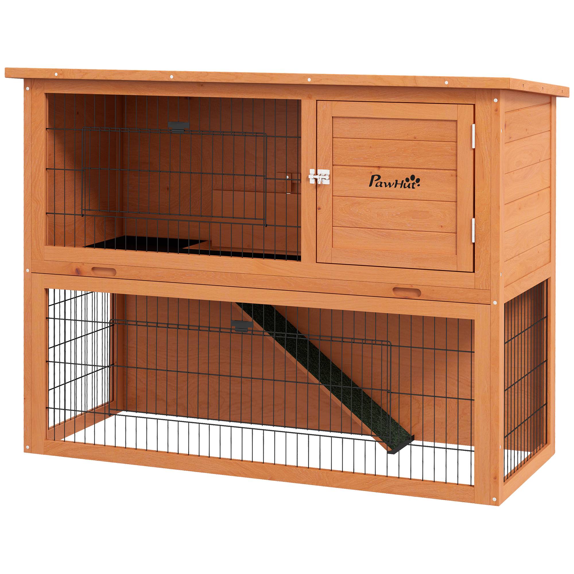 Clapier antiseptique à deux niveaux en bois avec enclos extérieur, 92 cm, orange - Image 2