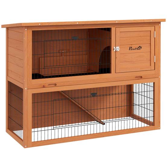 Clapier antiseptique à deux niveaux en bois avec enclos extérieur, 92 cm, orange - Image 1