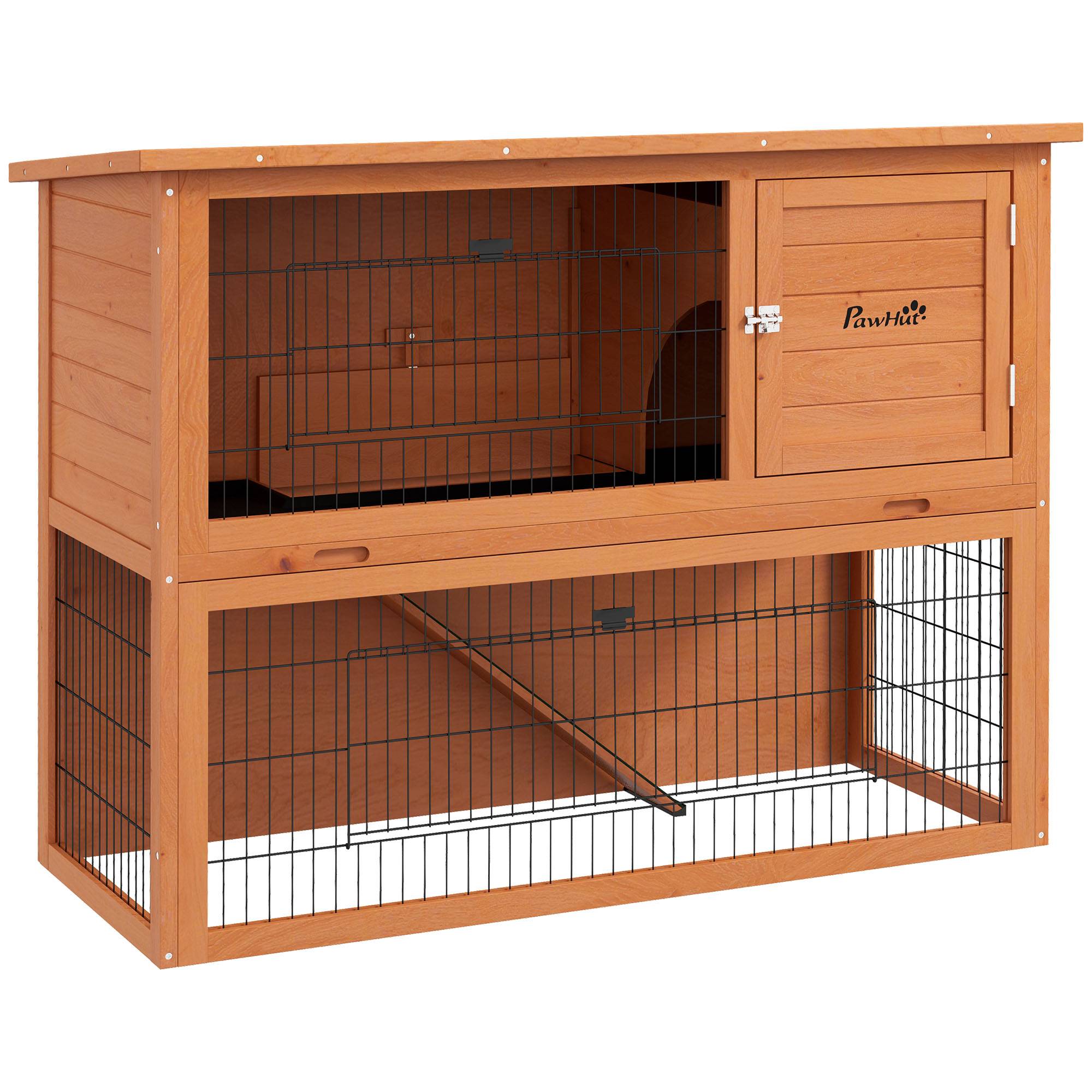 Clapier antiseptique à deux niveaux en bois avec enclos extérieur, 92 cm, orange - Image 1