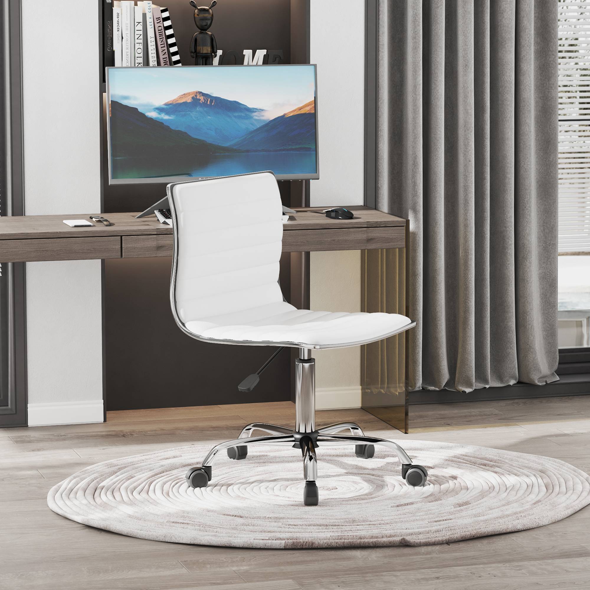 Sans Marque - Chaise bureau sans accoudoirs, fauteuil de bureau, hauteur réglable, assise et dossier rembourrés, 48x52x78-90cm, blanc - Image 3