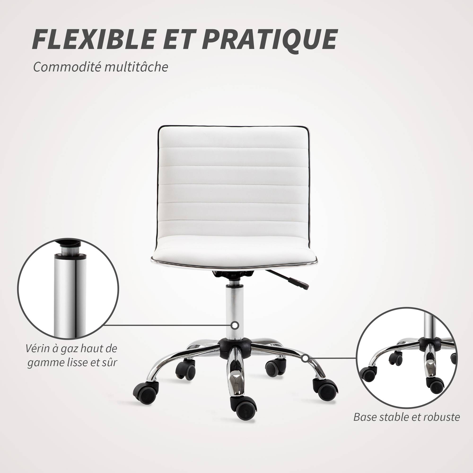 Sans Marque - Chaise bureau sans accoudoirs, fauteuil de bureau, hauteur réglable, assise et dossier rembourrés, 48x52x78-90cm, blanc - Image 8