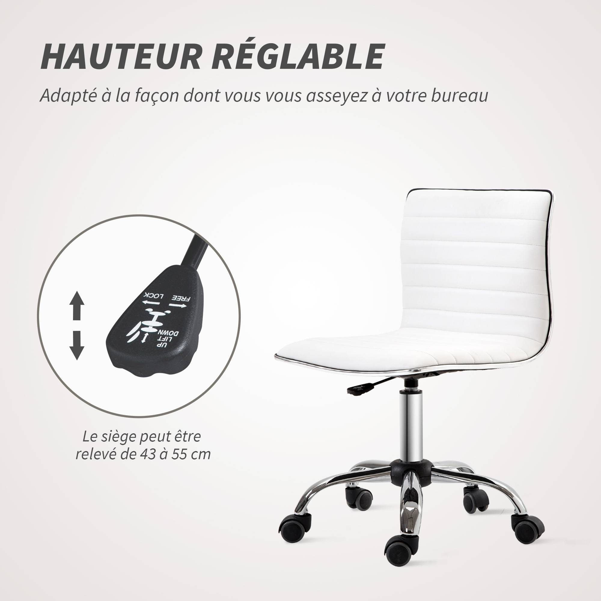 Sans Marque - Chaise bureau sans accoudoirs, fauteuil de bureau, hauteur réglable, assise et dossier rembourrés, 48x52x78-90cm, blanc - Image 6