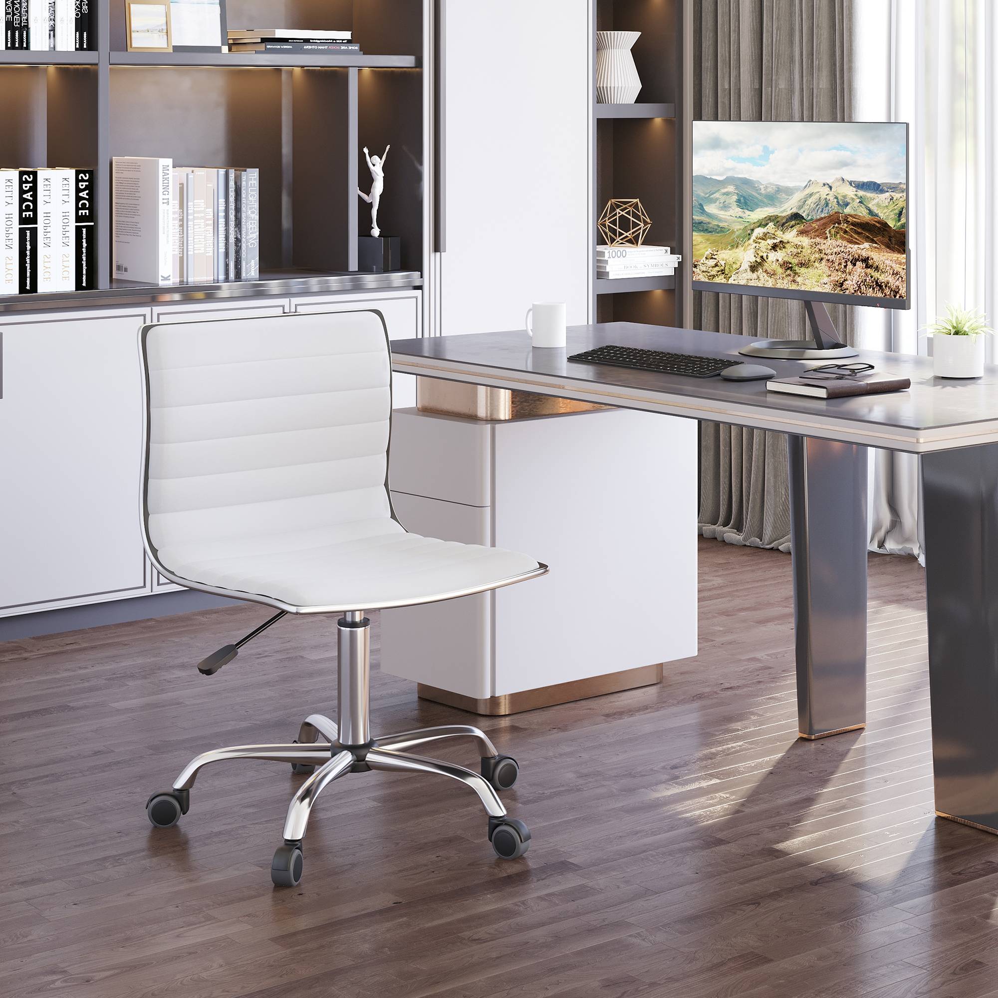 Sans Marque - Chaise bureau sans accoudoirs, fauteuil de bureau, hauteur réglable, assise et dossier rembourrés, 48x52x78-90cm, blanc - Image 4