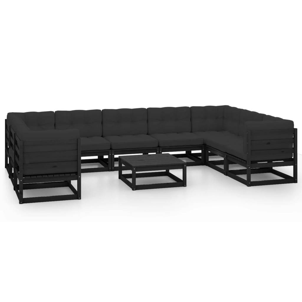 Helloshop26 - Salon de jardin meuble d'extérieur ensemble de mobilier 10 pièces avec coussins noir bois de pin massif - Image 1