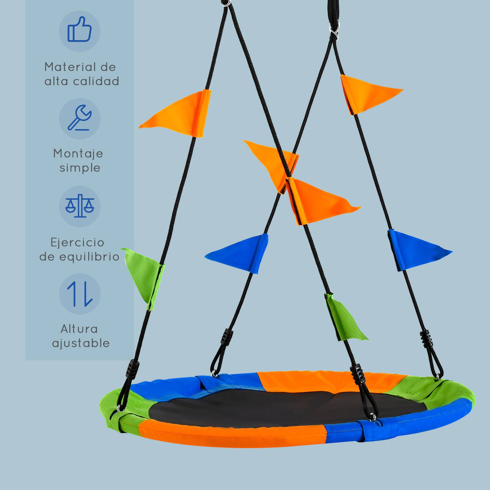 Balançoire nid multicolore Ø100 cm hauteur ajustable 120–180 cm cordes fanions charge 80kg toute la famille - Image 6
