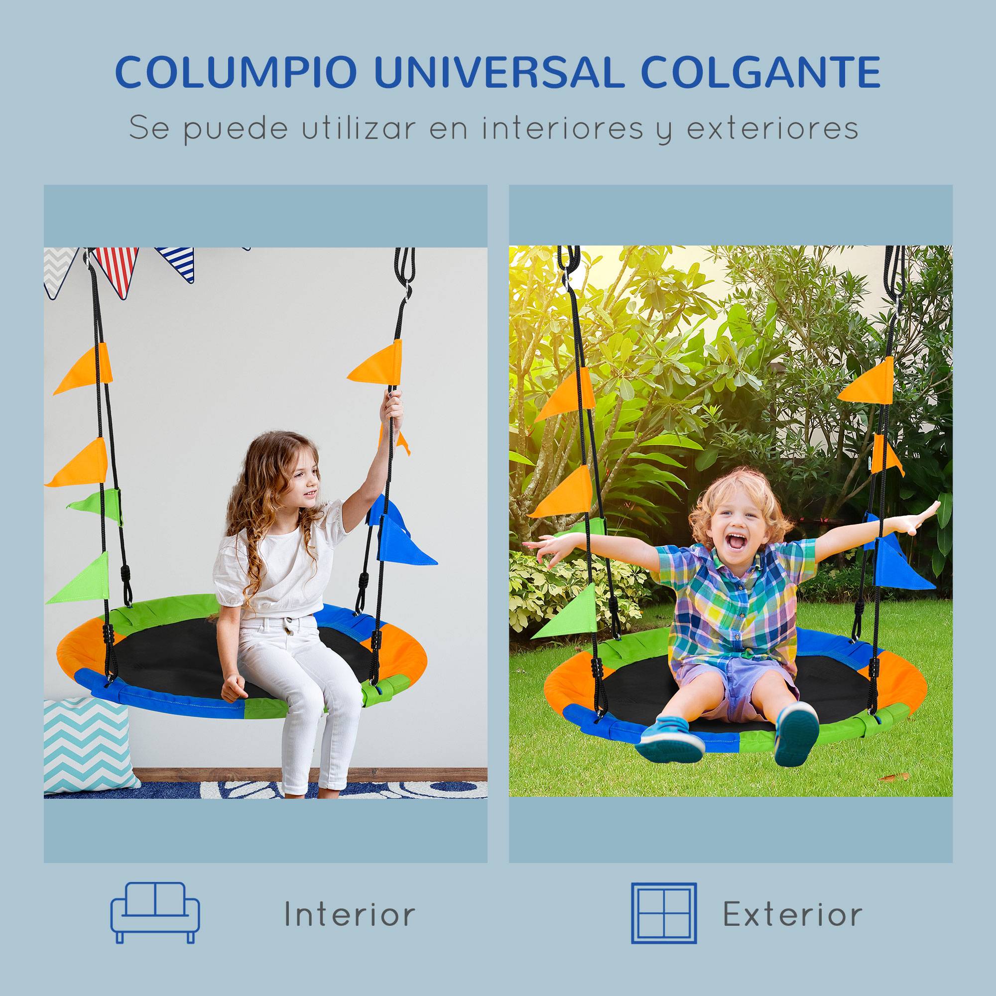 Balançoire nid multicolore Ø100 cm hauteur ajustable 120–180 cm cordes fanions charge 80kg toute la famille - Image 8