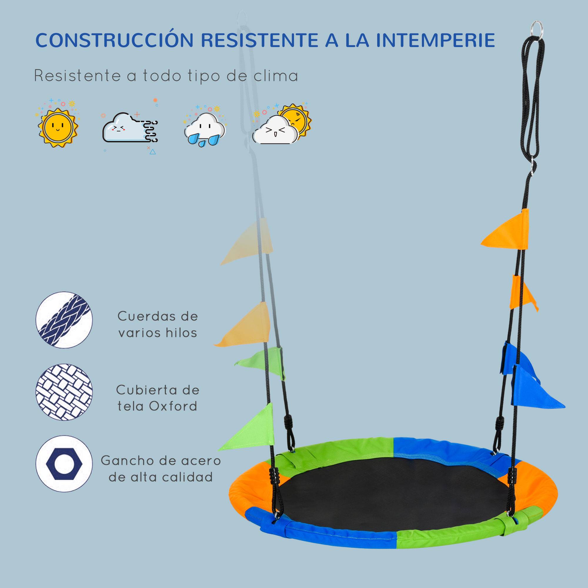 Balançoire nid multicolore Ø100 cm hauteur ajustable 120–180 cm cordes fanions charge 80kg toute la famille - Image 7