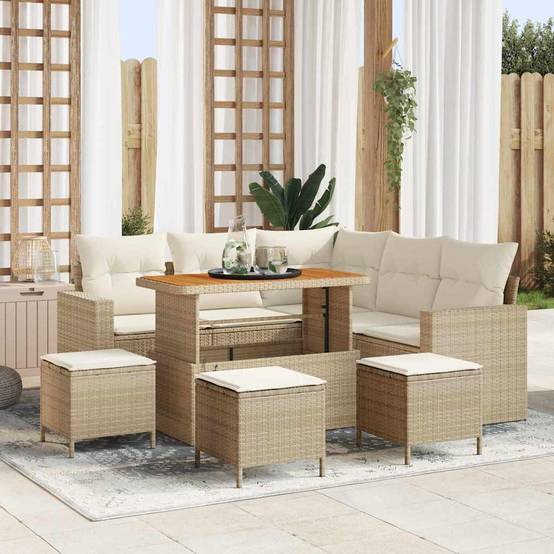 ComfortXL - Salon de jardin 8 places en polyrotin et bois d'acacia avec poufs pour terrasse Beige – ComfortXL Outdoor Living - Image 1
