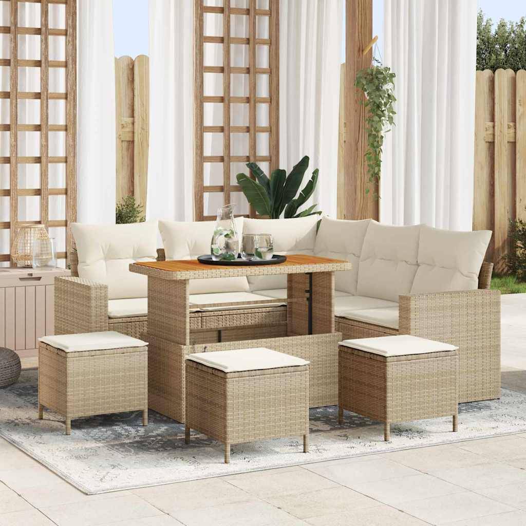 ComfortXL - Salon de jardin 8 places en polyrotin et bois d'acacia avec poufs pour terrasse Beige – ComfortXL Outdoor Living - Image 1