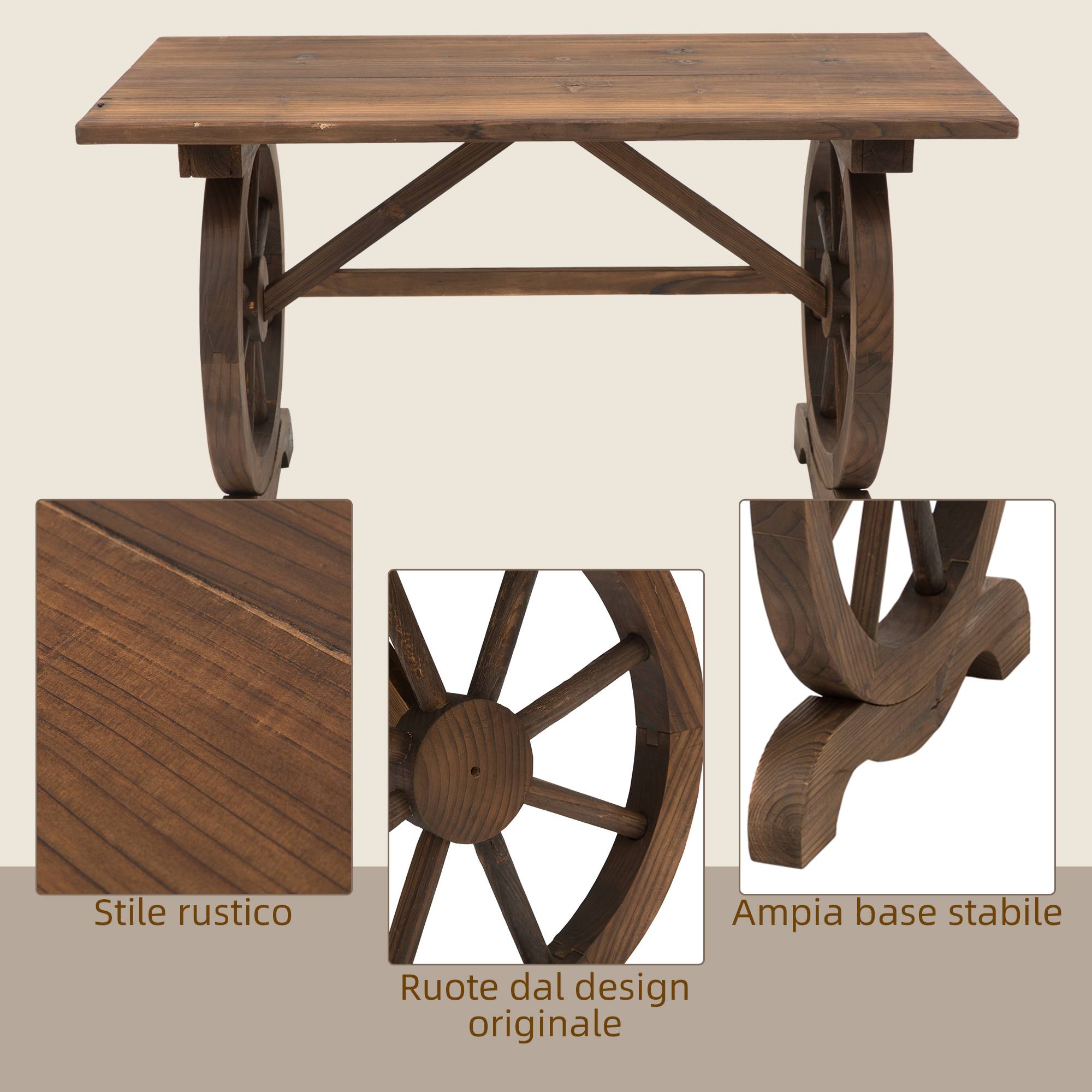 Table de Jardin Bois Massif Style Campagne Pieds Roues Chariot 110x60cm - ComfortXL Outdoor Living - Image 7