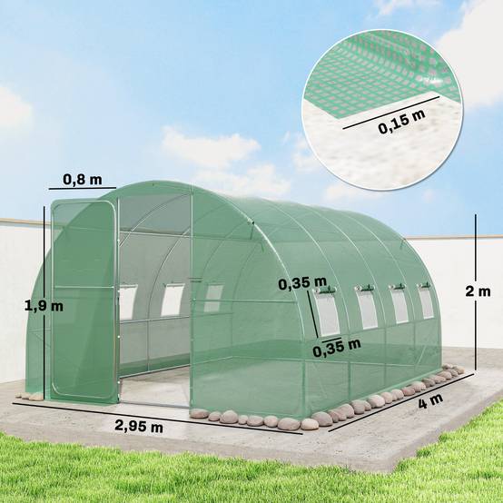 Serre tunnel de jardin 12m², serre de jardin tunnel 295x400x200cm porte et 8 fenêtres, bâche PE 140 g/m² vert - Image 5