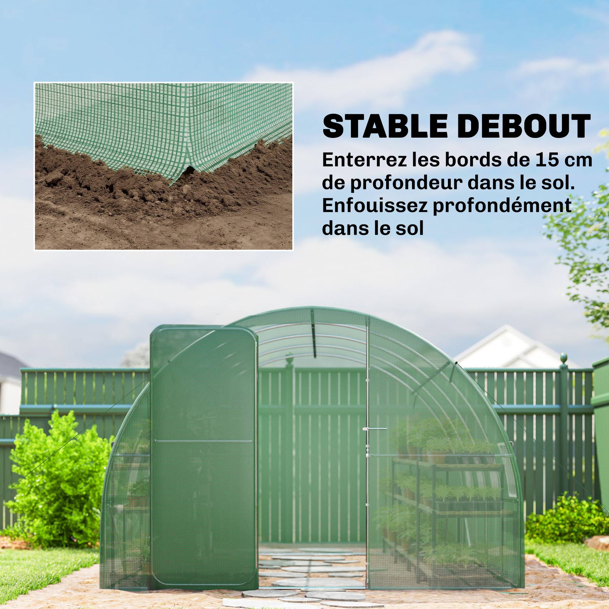 Serre tunnel de jardin 12m², serre de jardin tunnel 295x400x200cm porte et 8 fenêtres, bâche PE 140 g/m² vert - Image 10