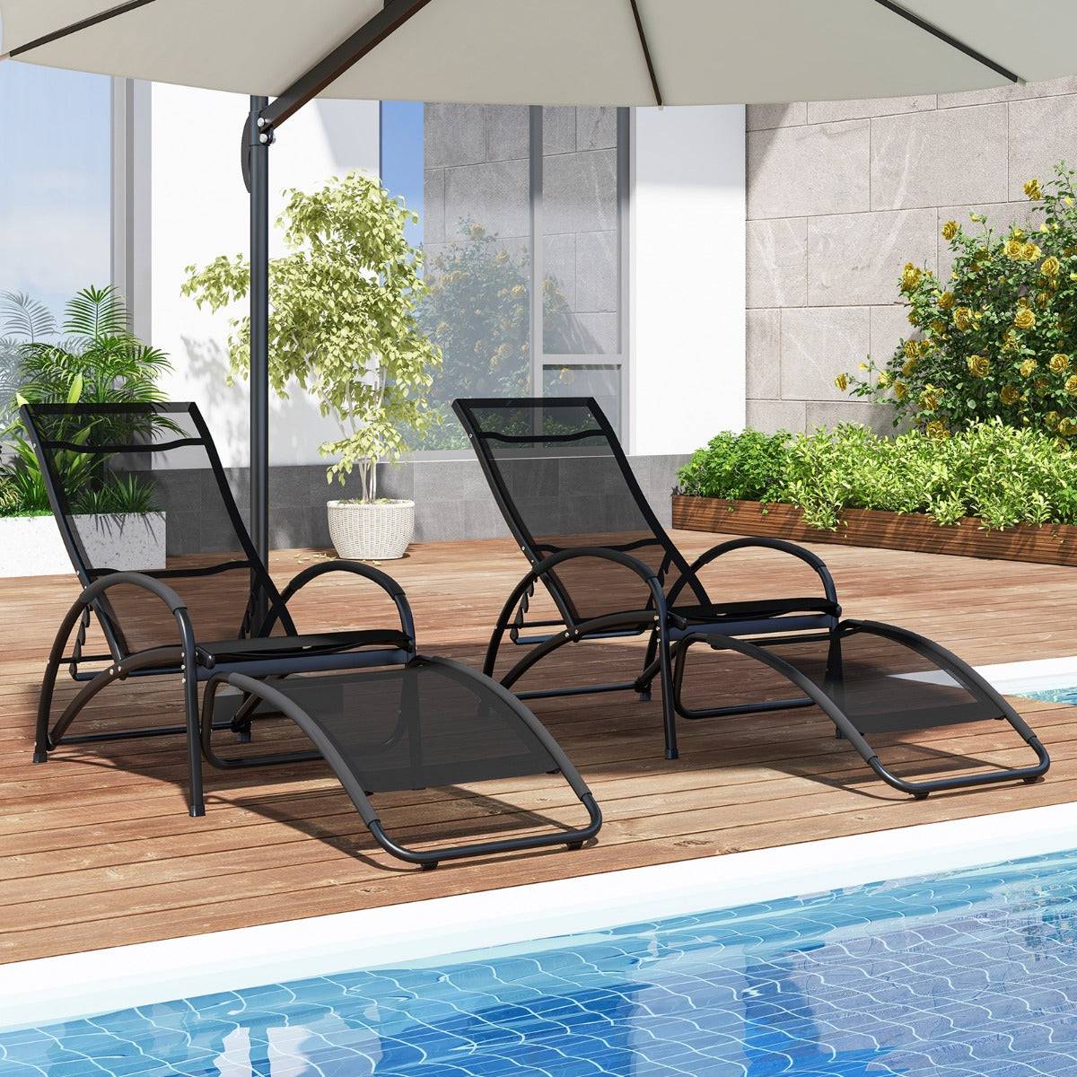 Helloshop26 - Chaise à bascule d'extérieur chaise longue convertible dossier réglable à 4 positions accoudoirs incurvés cadre en aluminium noir - Image 2