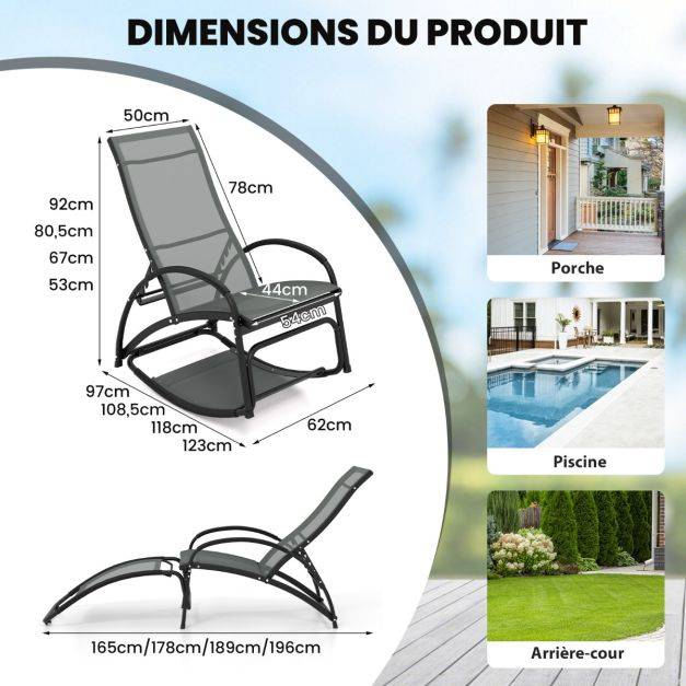 Helloshop26 - Chaise à bascule d'extérieur chaise longue convertible dossier réglable à 4 positions accoudoirs incurvés cadre en aluminium noir - Image 6