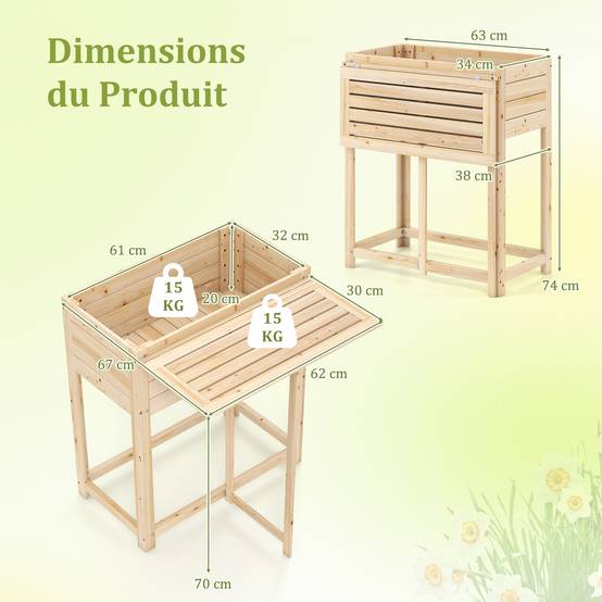 Jardinière Surélevée en Bois avec Pieds, Lit de Jardin avec Tablette Latérale Pliable Drainage, Bac à Plantes pour Fleur Légume Fruits, 63 x 67 x 74cm - Image 4