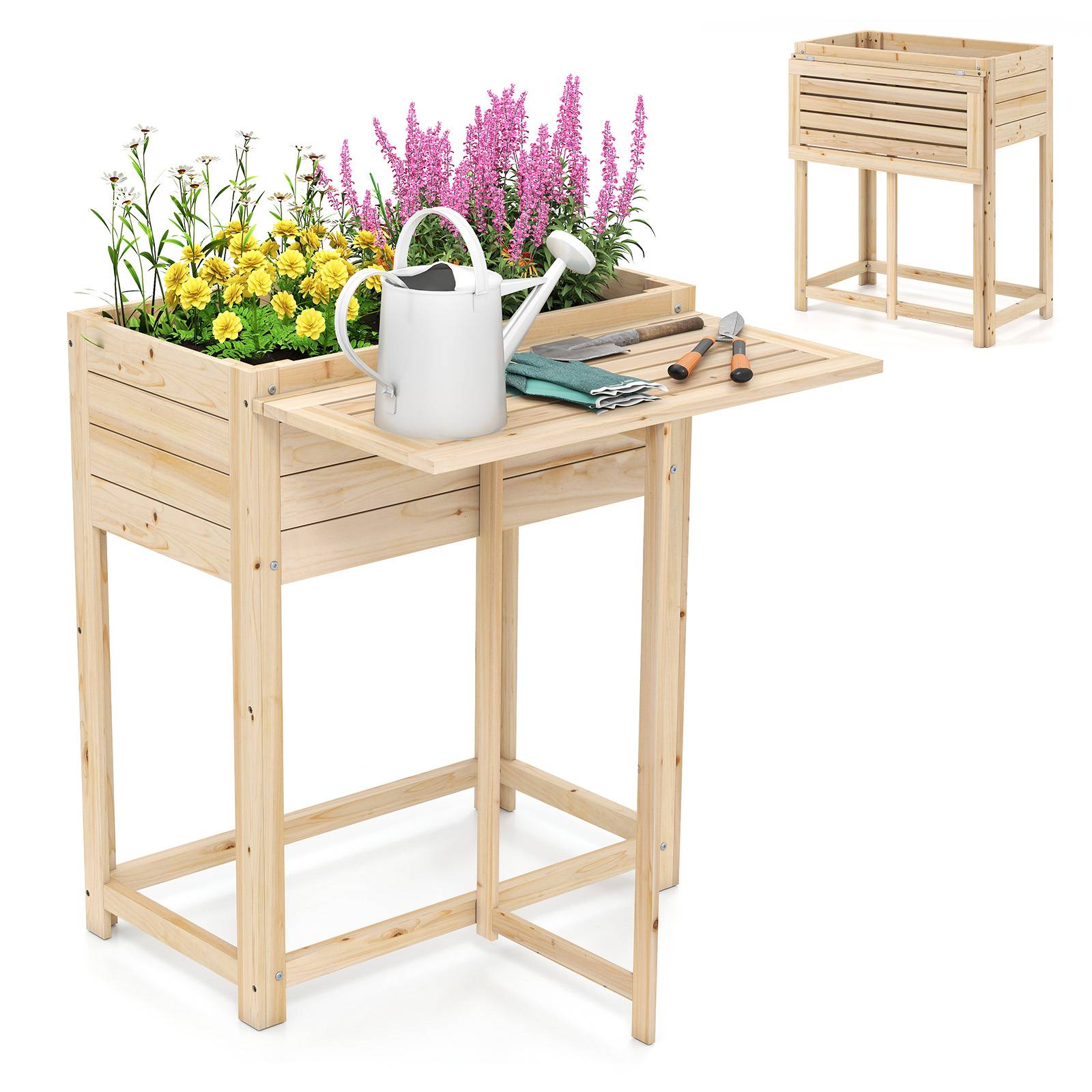 Jardinière Surélevée en Bois avec Pieds, Lit de Jardin avec Tablette Latérale Pliable Drainage, Bac à Plantes pour Fleur Légume Fruits, 63 x 67 x 74cm - Image 1