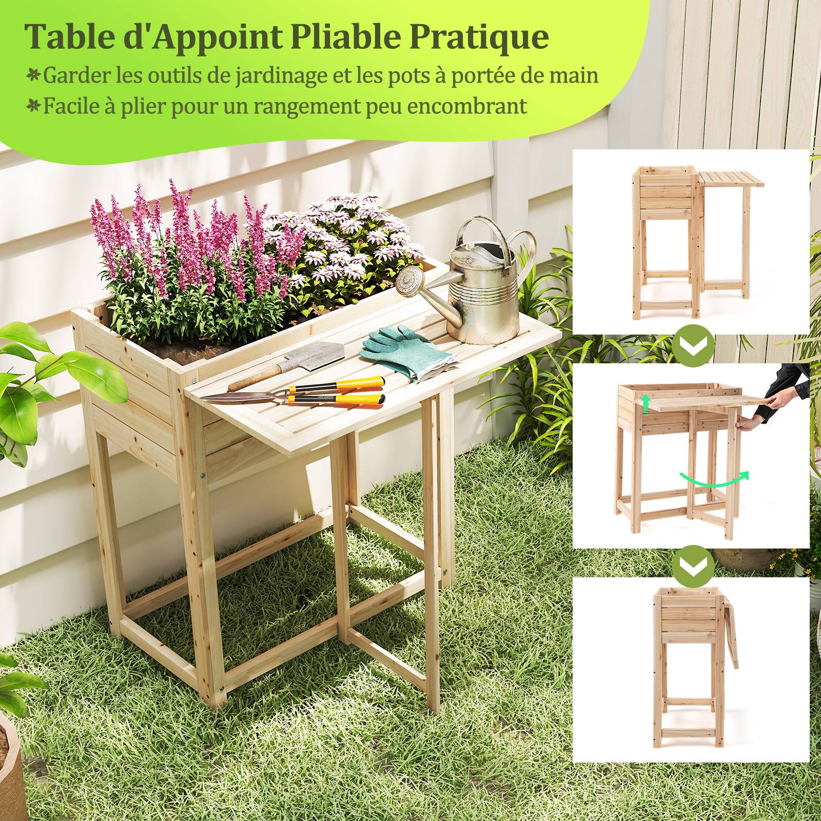 Jardinière Surélevée en Bois avec Pieds, Lit de Jardin avec Tablette Latérale Pliable Drainage, Bac à Plantes pour Fleur Légume Fruits, 63 x 67 x 74cm - Image 5