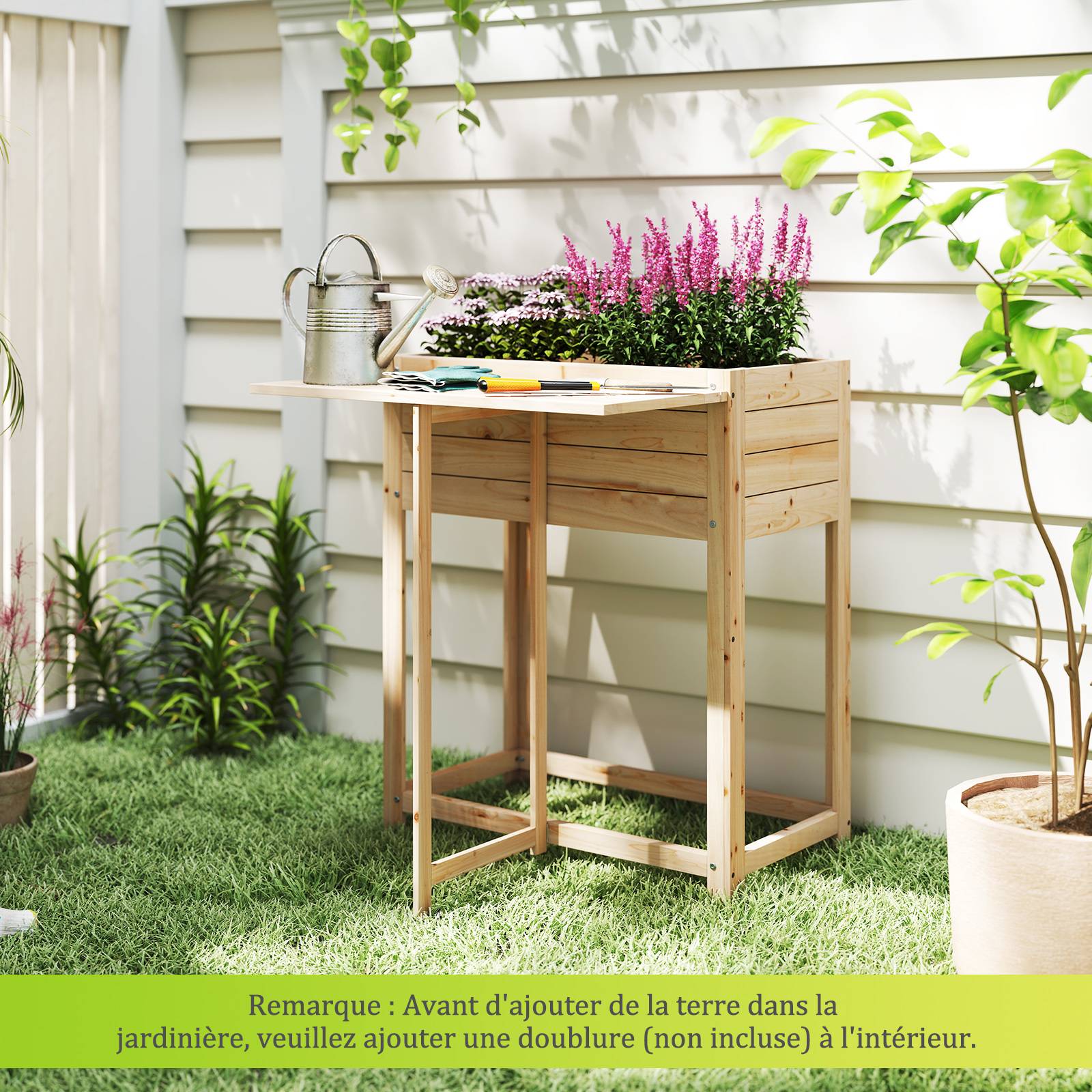 Jardinière Surélevée en Bois avec Pieds, Lit de Jardin avec Tablette Latérale Pliable Drainage, Bac à Plantes pour Fleur Légume Fruits, 63 x 67 x 74cm - Image 2