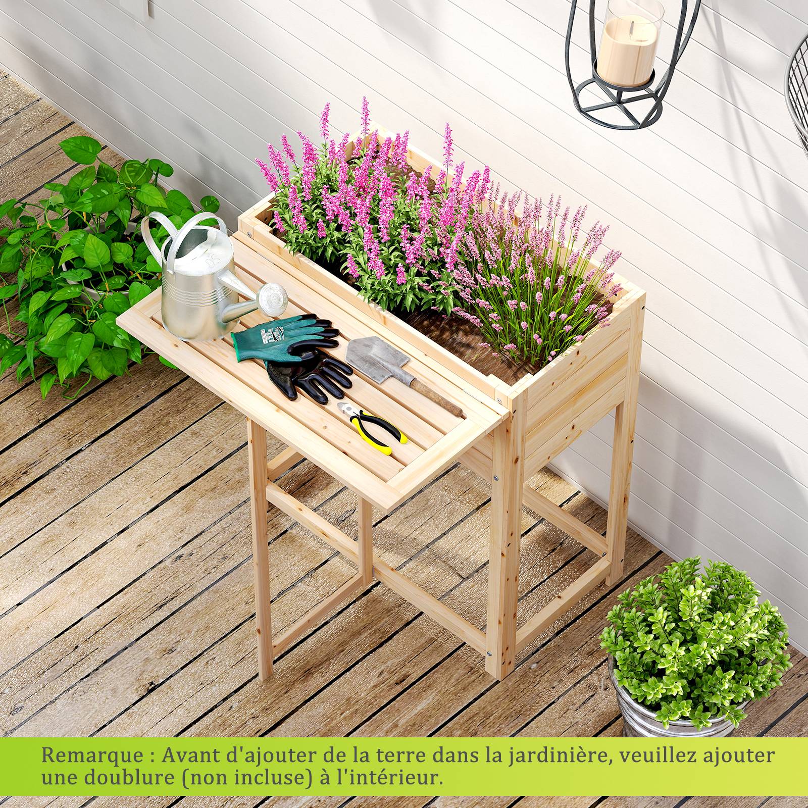 Jardinière Surélevée en Bois avec Pieds, Lit de Jardin avec Tablette Latérale Pliable Drainage, Bac à Plantes pour Fleur Légume Fruits, 63 x 67 x 74cm - Image 3