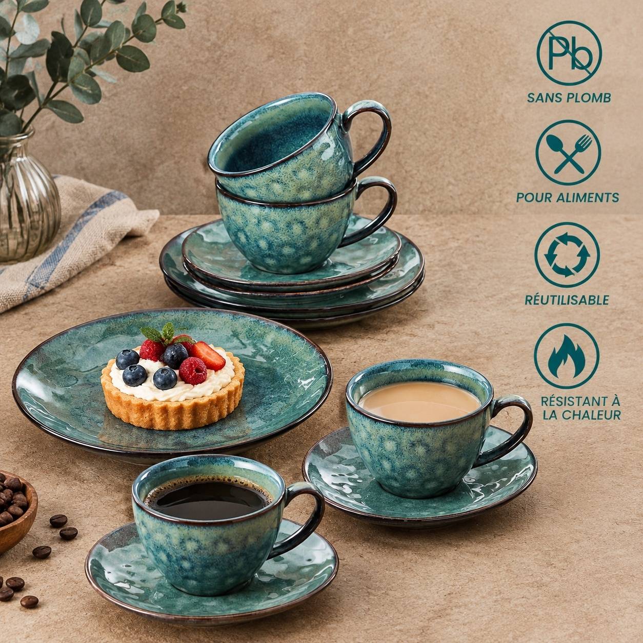 Service à Café Céramique pour 4 avec Tasses Soucoupes et Assiettes Dessert - Image 3