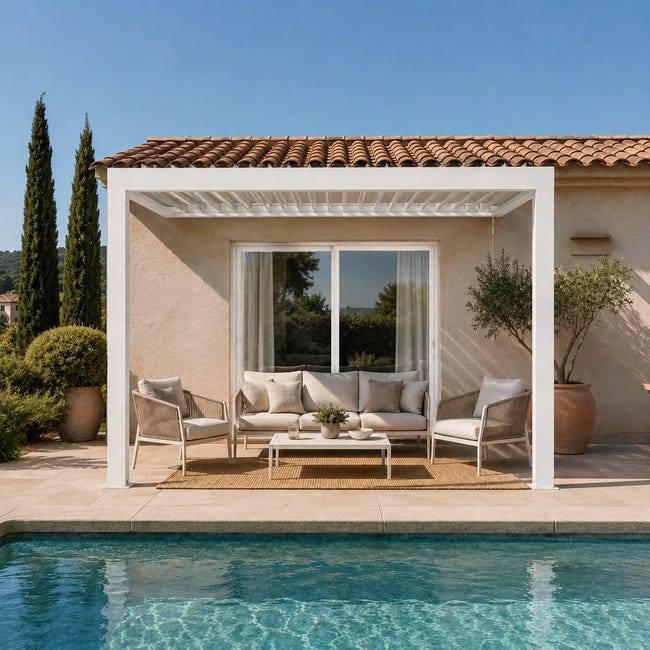 Pergola Bioclimatique Aluminium Adossée Blanc 3x3 Manuelle S ORIAL France - Image 1
