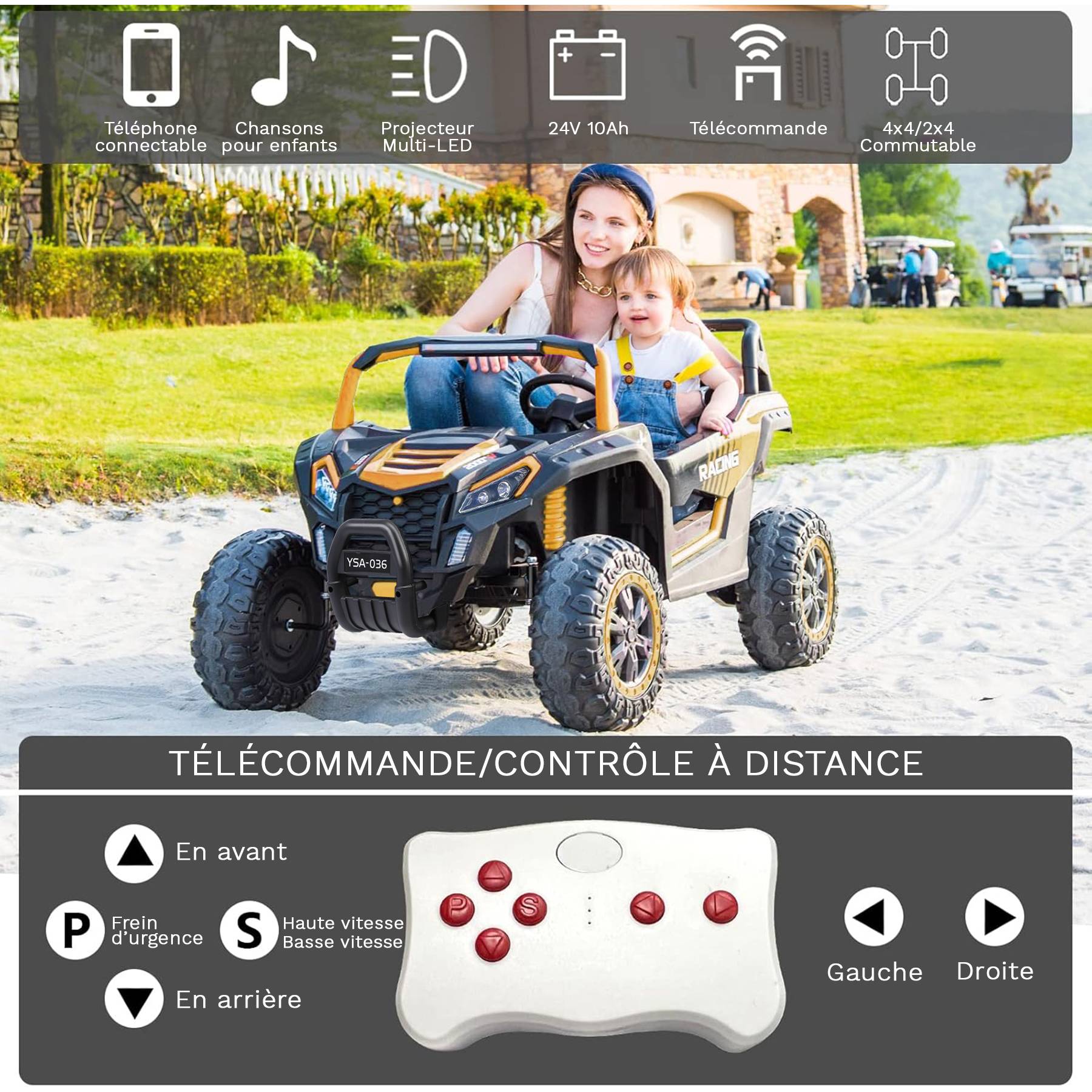 0 - Voiture électrique tout-terrain pour enfants UTV 12V adaptée aux enfants 2-6 km/h - or - Image 4