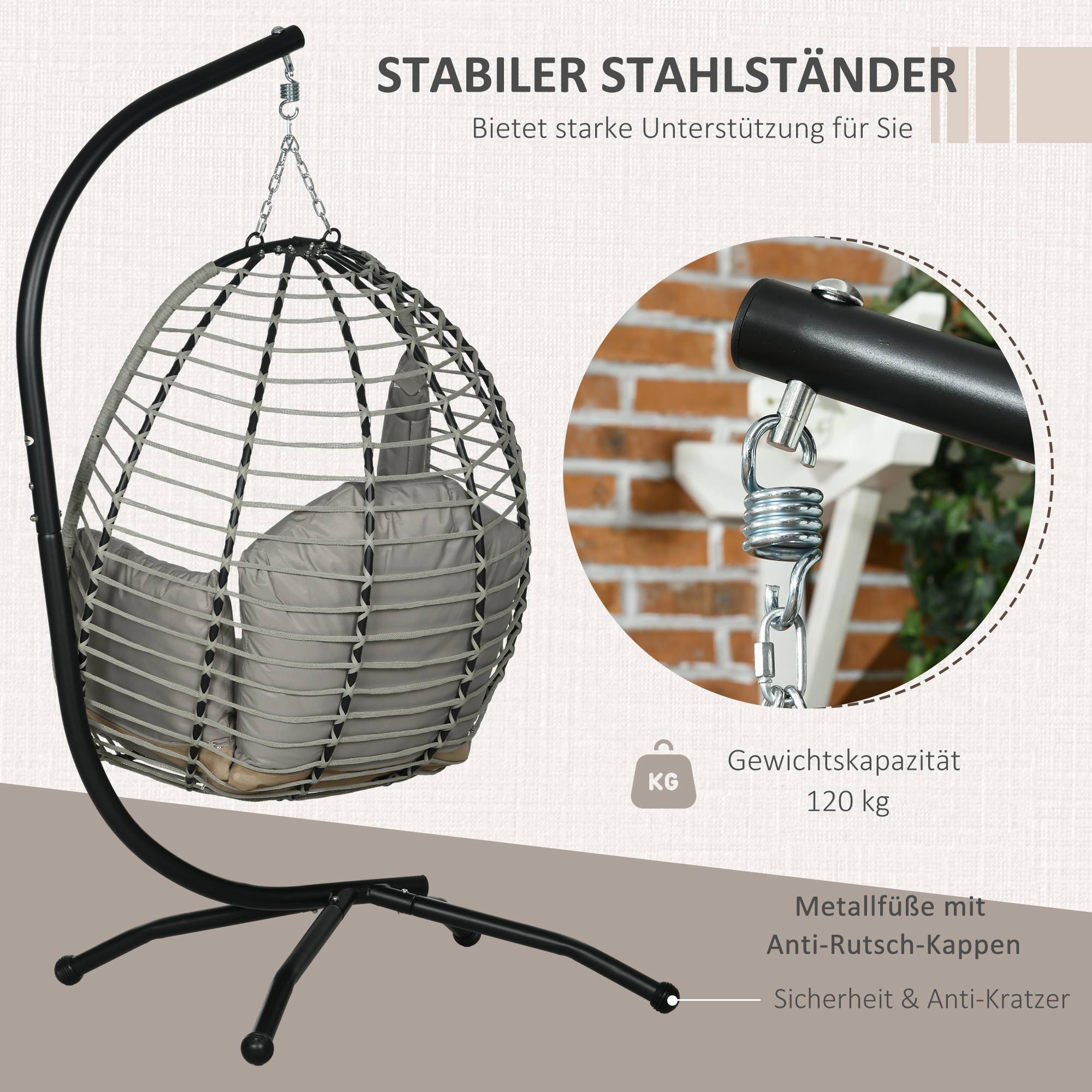 Chaise Suspendue Acier Extérieur Panier Pliable Porte-Gobelet 110x100x188cm Gris - ComfortXL Outdoor Living - Image 6