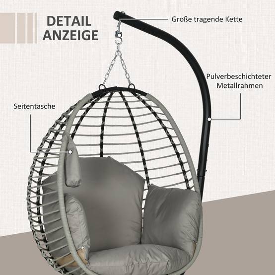 Chaise Suspendue Acier Extérieur Panier Pliable Porte-Gobelet 110x100x188cm Gris - ComfortXL Outdoor Living - Image 9