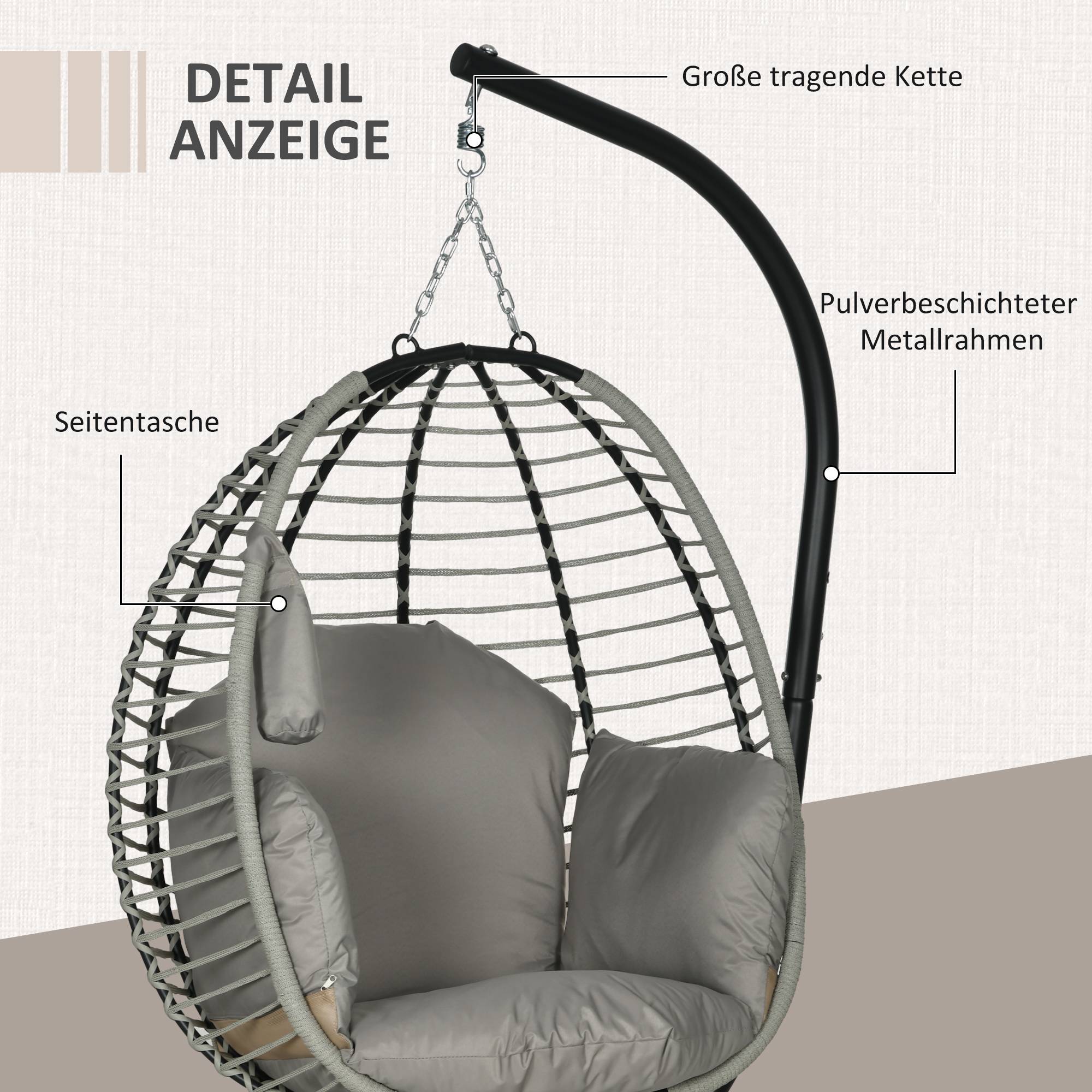 Chaise Suspendue Acier Extérieur Panier Pliable Porte-Gobelet 110x100x188cm Gris - ComfortXL Outdoor Living - Image 9