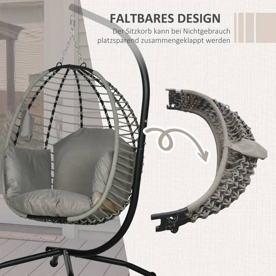 Chaise Suspendue Acier Extérieur Panier Pliable Porte-Gobelet 110x100x188cm Gris - ComfortXL Outdoor Living - Image 7