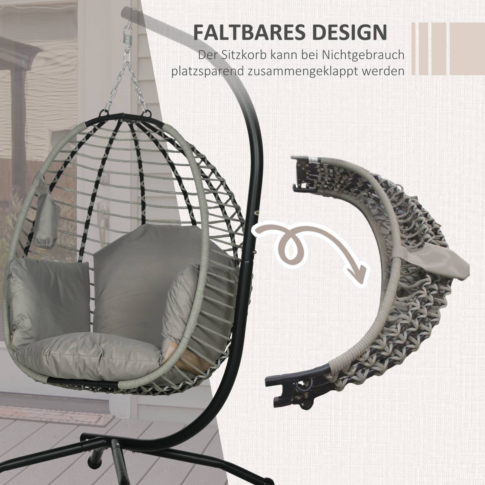 Chaise Suspendue Acier Extérieur Panier Pliable Porte-Gobelet 110x100x188cm Gris - ComfortXL Outdoor Living - Image 7
