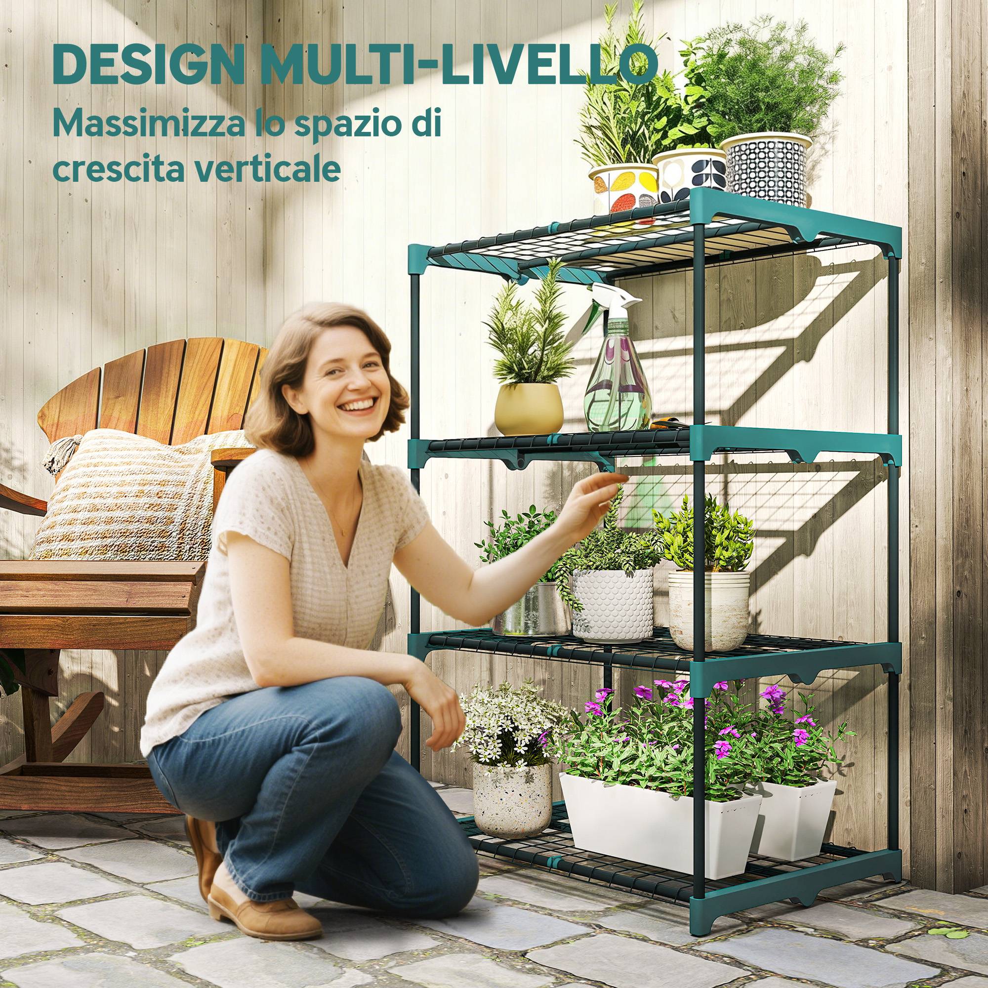 Porte-plantes 4 Niveaux Ouverts Acier Plastique, 67x49x105cm, Vert Foncé - Image 6