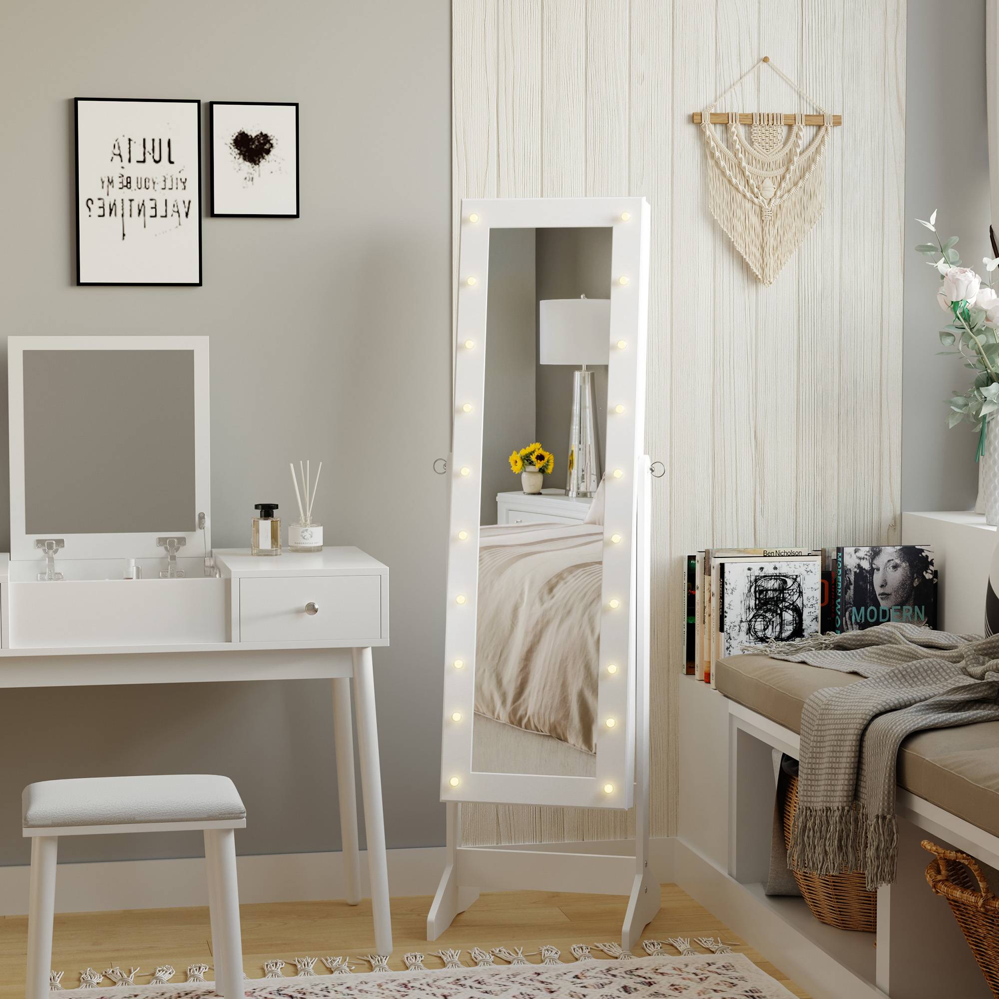 Sans Marque - Miroir à bijoux avec 20 lumières LED, armoire à bijoux inclinable avec rangement pour bagues, boucles d'oreilles et colliers, 40 x 37 x 146 cm, blanc - Image 3