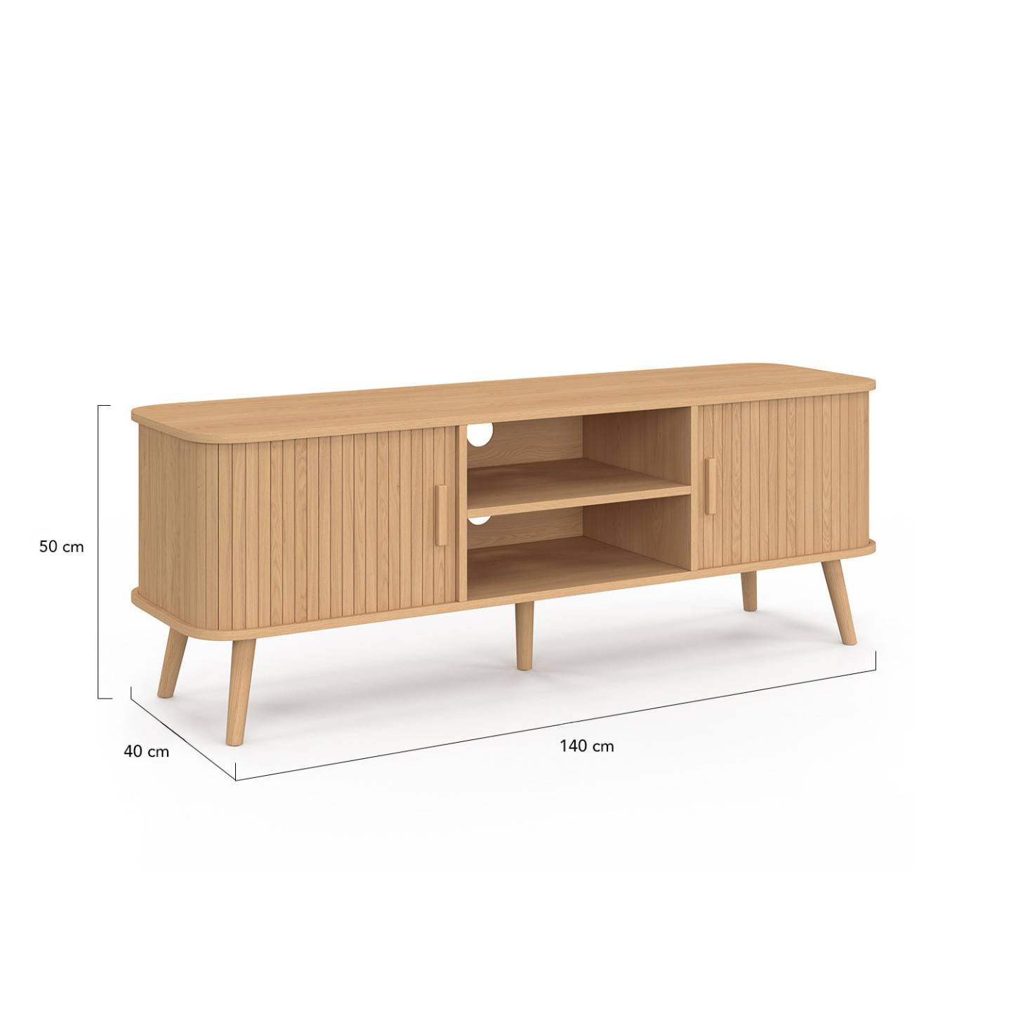 Meuble TV 140 cm ROMIE 2 portes coulissantes lattes tasseau bois coloris chêne - Image 5
