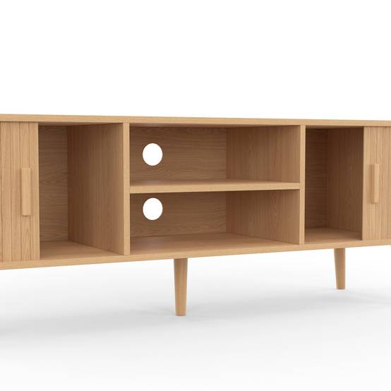 Meuble TV 140 cm ROMIE 2 portes coulissantes lattes tasseau bois coloris chêne - Image 6