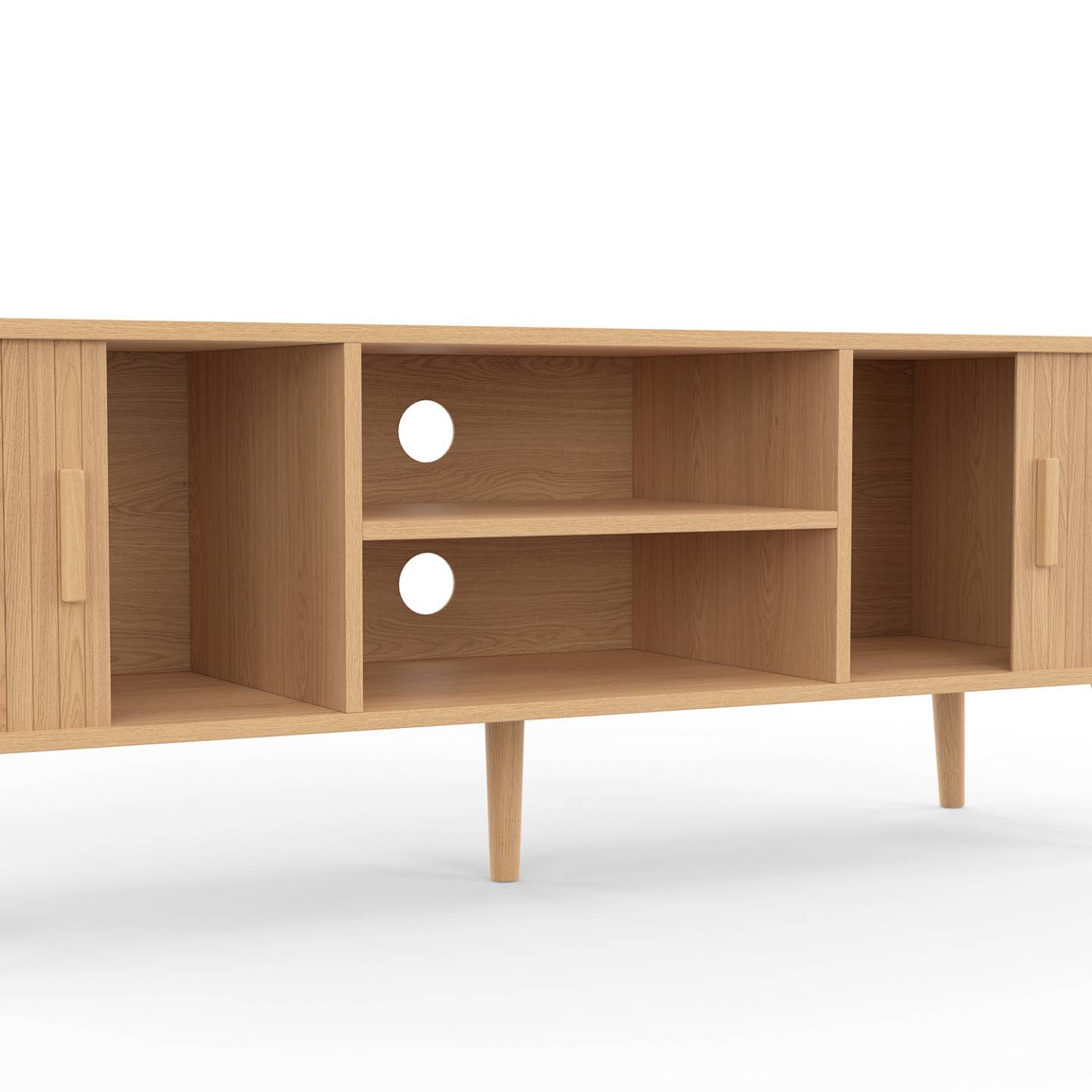Meuble TV 140 cm ROMIE 2 portes coulissantes lattes tasseau bois coloris chêne - Image 6