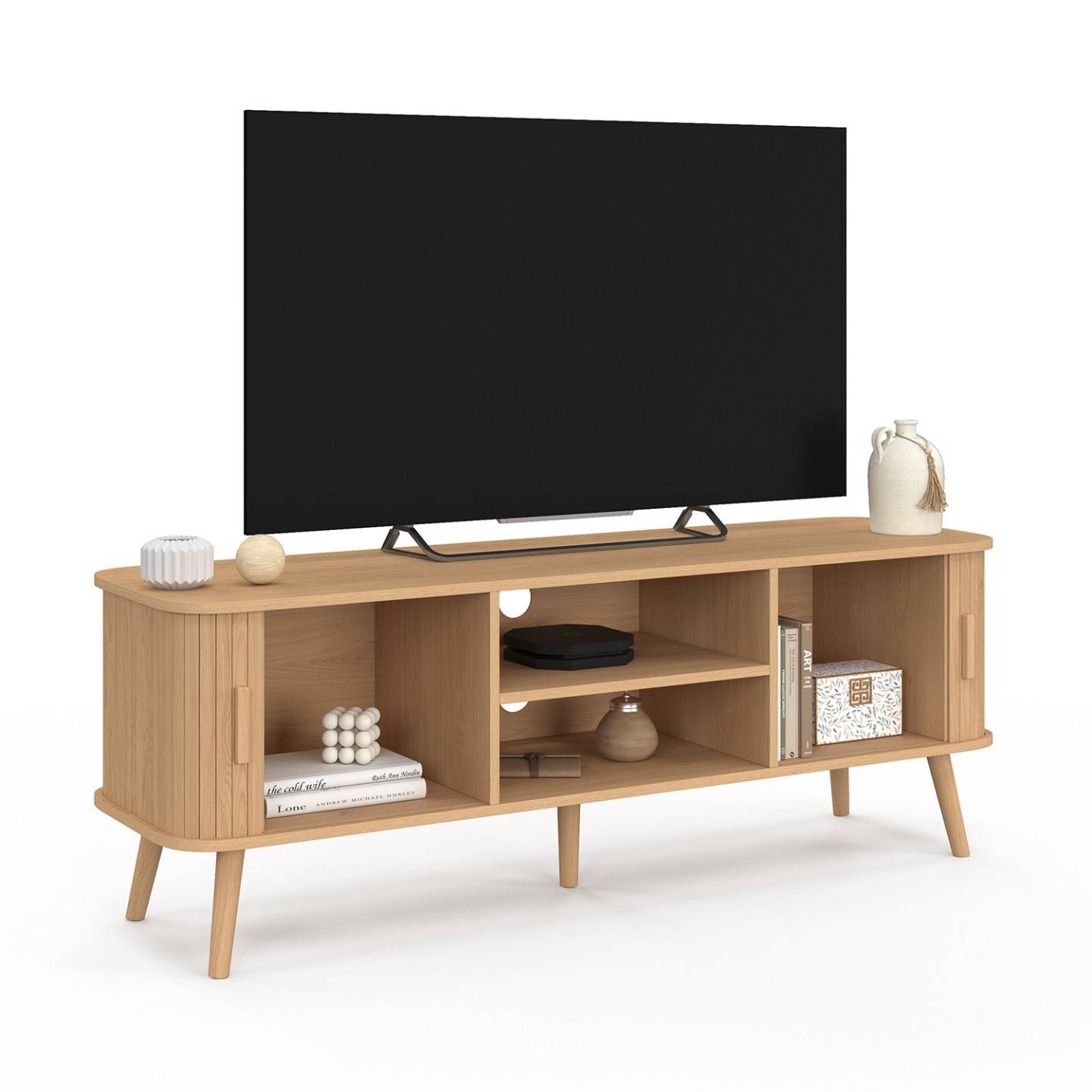 Meuble TV 140 cm ROMIE 2 portes coulissantes lattes tasseau bois coloris chêne - Image 4