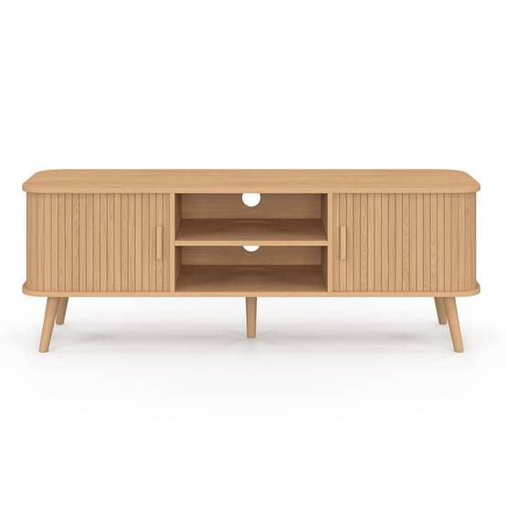Meuble TV 140 cm ROMIE 2 portes coulissantes lattes tasseau bois coloris chêne - Image 3