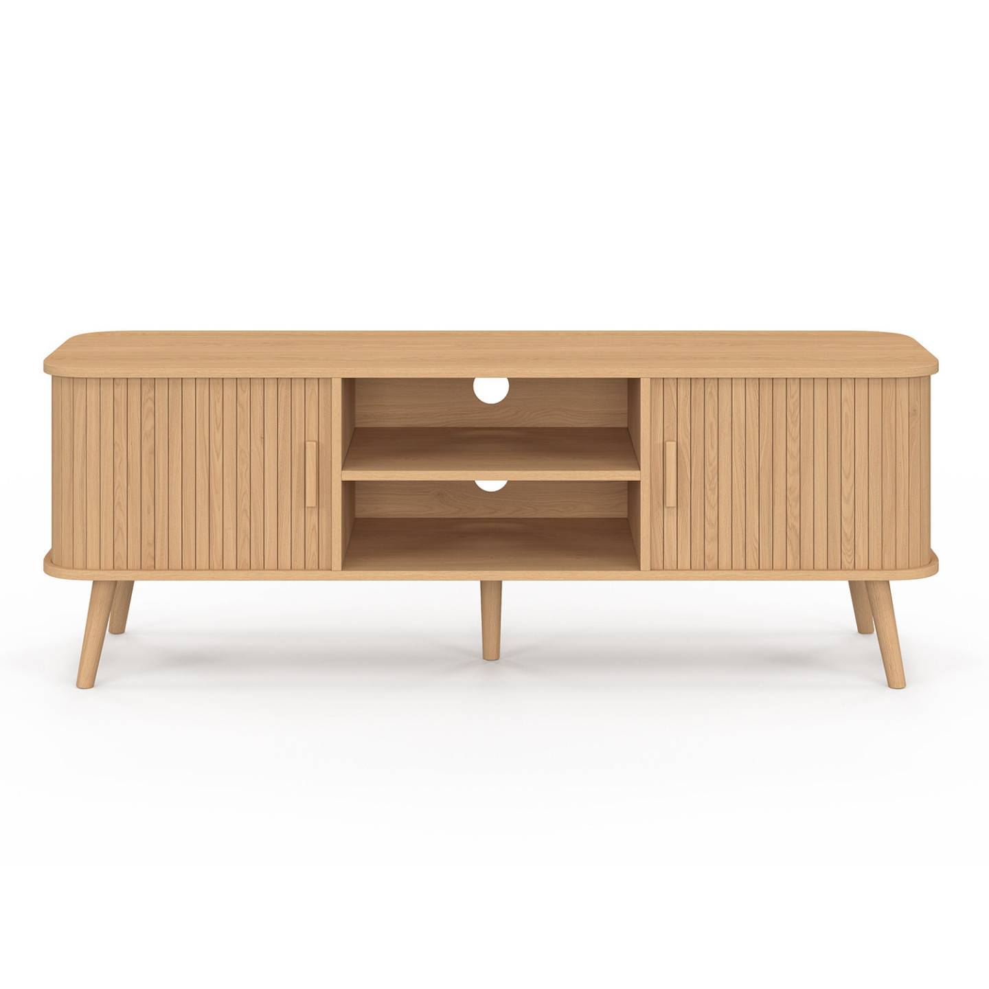 Meuble TV 140 cm ROMIE 2 portes coulissantes lattes tasseau bois coloris chêne - Image 3