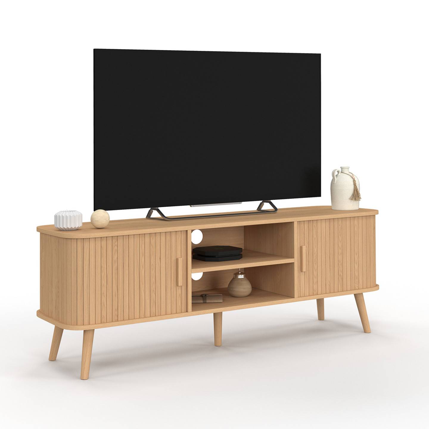Meuble TV 140 cm ROMIE 2 portes coulissantes lattes tasseau bois coloris chêne - Image 2