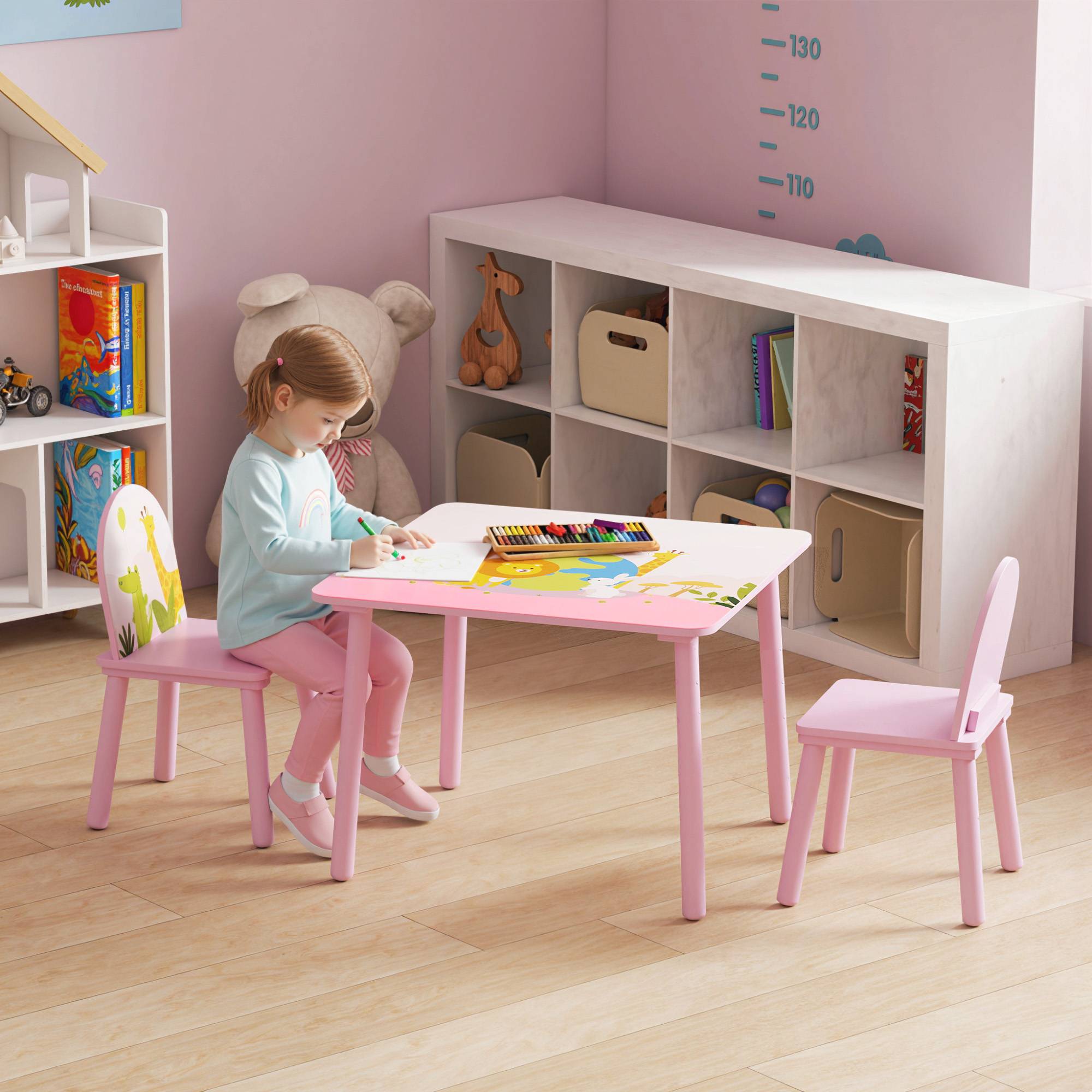 Ensemble table et chaises enfant 3-8 ans motifs animaux bords arrondis MDF pin, rose - Image 4