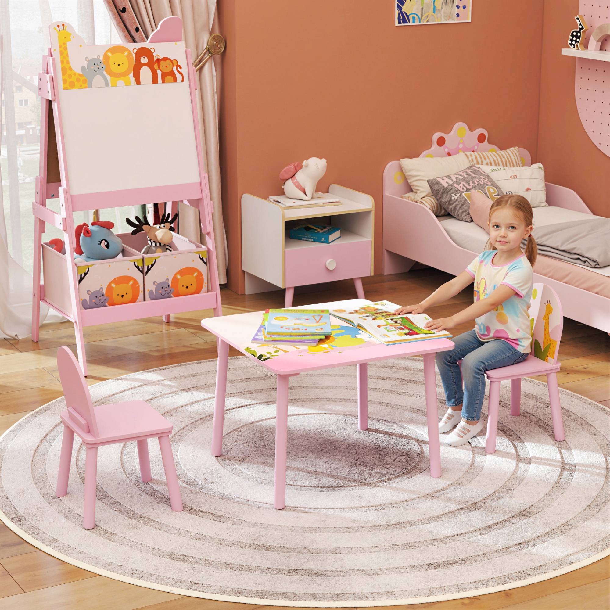 Ensemble table et chaises enfant 3-8 ans motifs animaux bords arrondis MDF pin, rose - Image 3
