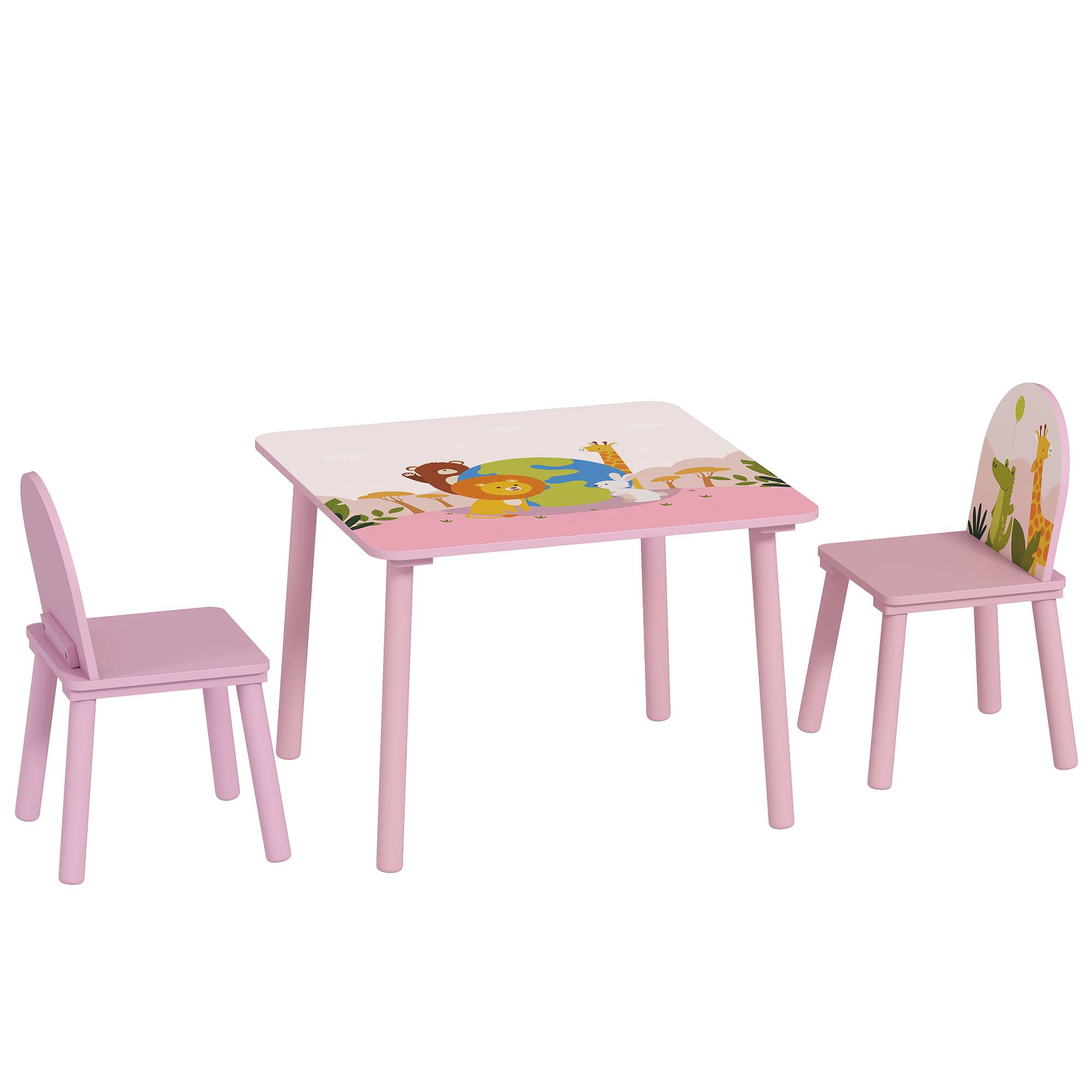 Ensemble table et chaises enfant 3-8 ans motifs animaux bords arrondis MDF pin, rose - Image 2