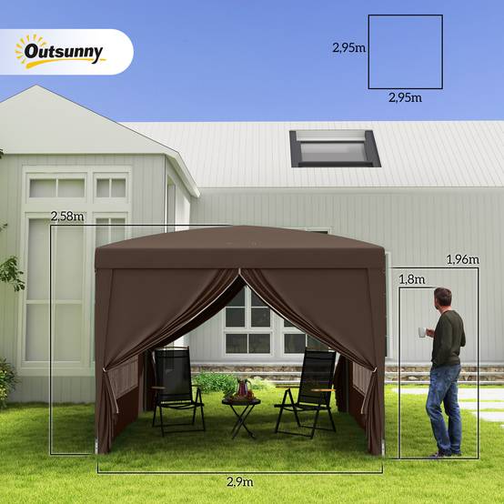 Kiosque pop-up env.3x3 m couleur café anti-UV50+ hivernal, 4 panneaux latéraux et sac jardin camping - Image 3