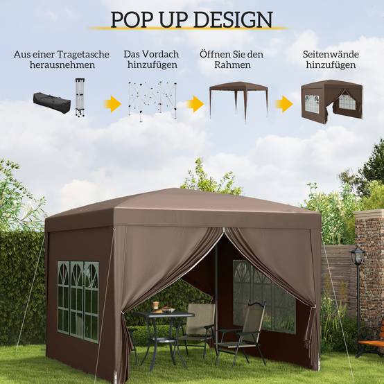 Kiosque pop-up env.3x3 m couleur café anti-UV50+ hivernal, 4 panneaux latéraux et sac jardin camping - Image 4