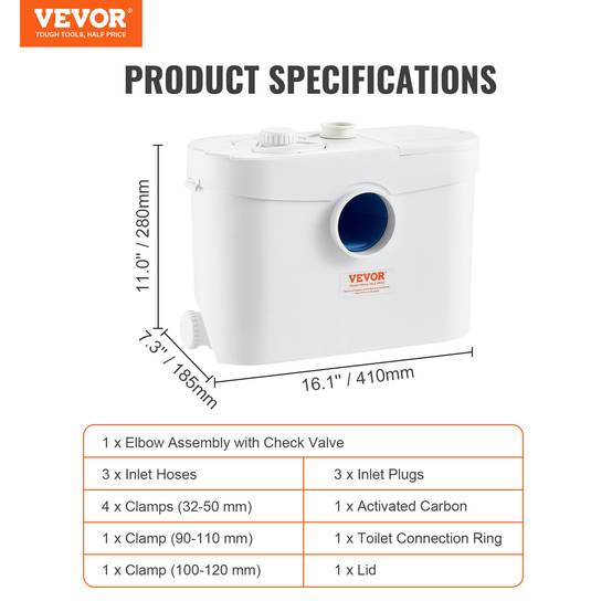 VEVOR Pompe macératrice 700W, 3 entrées eau, 9600 L/h, relevage 10 m, eaux usées toilettes/cave. - Image 7
