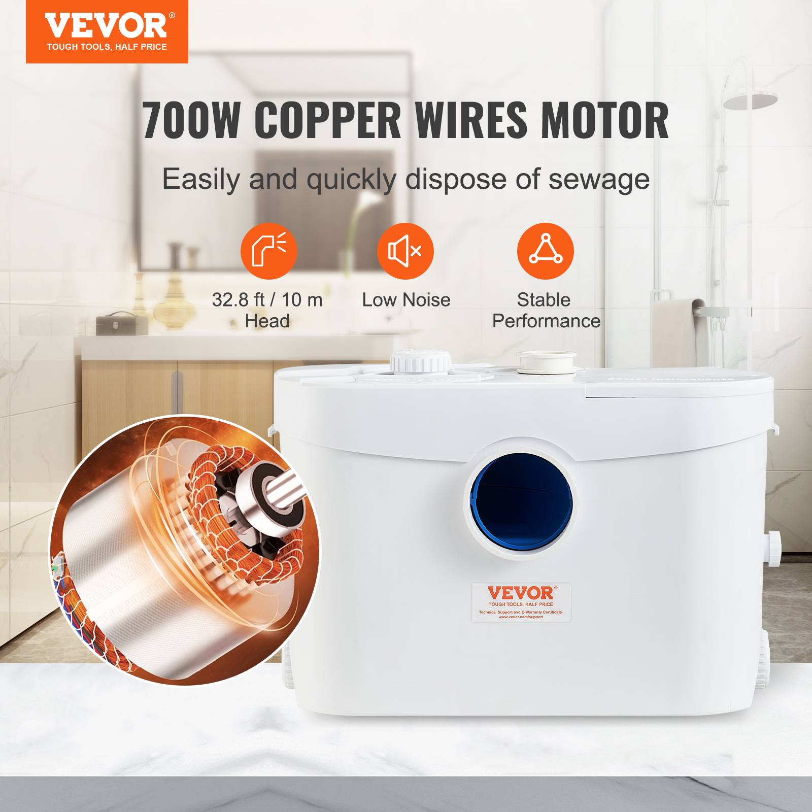 VEVOR Pompe macératrice 700W, 3 entrées eau, 9600 L/h, relevage 10 m, eaux usées toilettes/cave. - Image 2